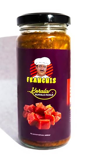 FRANCHIS Buffalo Meat Pickle, Kerala Style Spicy | 250gms | A Touch of Personal Taste. Inside, discover a tantalizing 90% pure buffalo content.