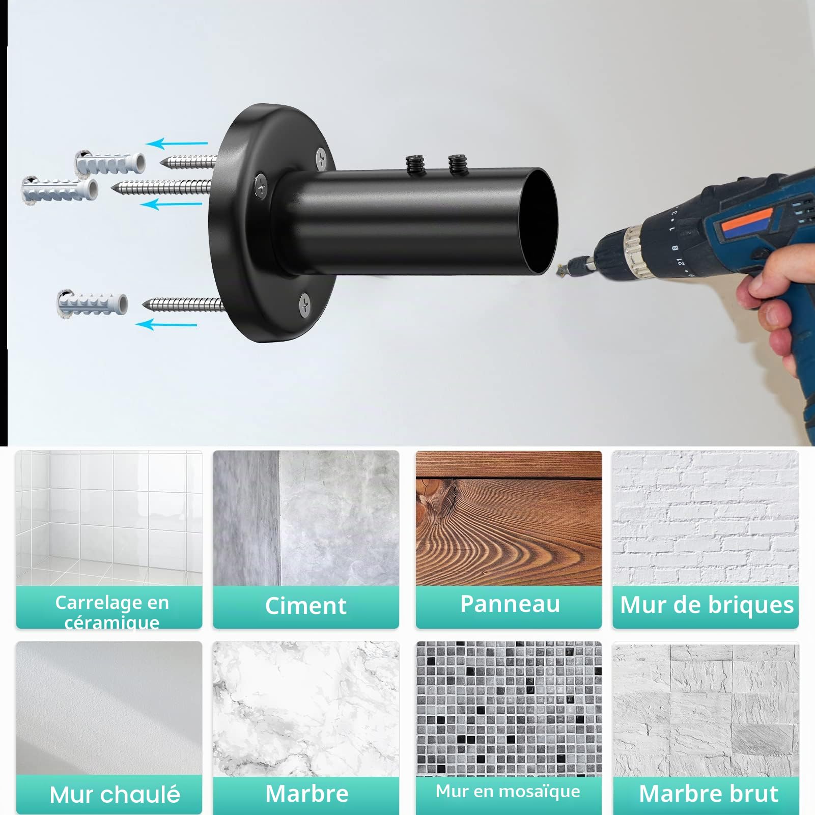 Tringle à rideau de douche Forme L Besoin de percer Tringles d'angle de rideau de douche en acier inoxydable 70-100 x 110-170 cm Coin de tringle de douche avec 24 pièces Anneaux de rideau de douche
