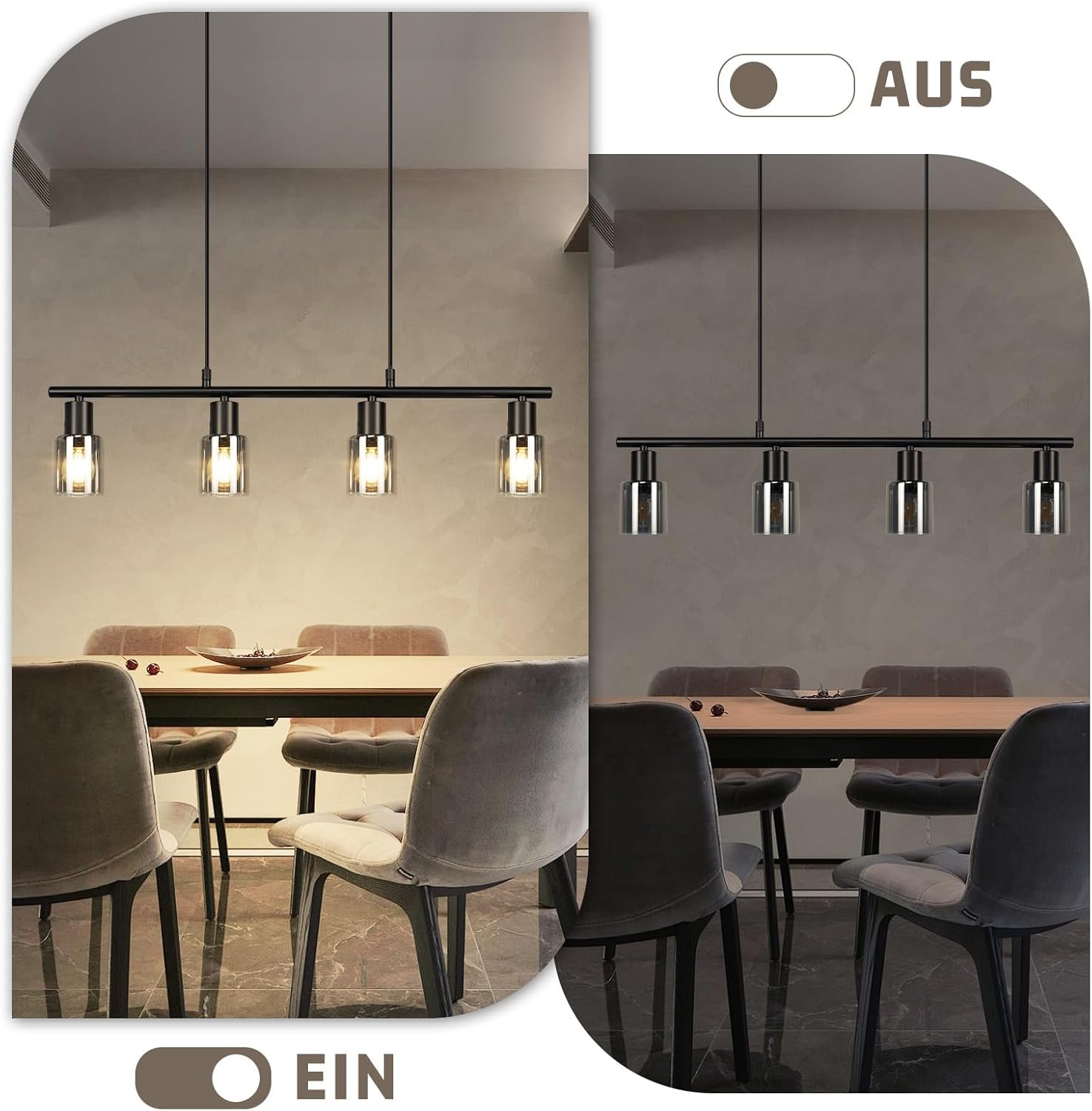 Hängelampe 4 flammig Pendelleuchte esstisch - Vintage Esstischlampe hängend Schwarz industrial Hängeleuchte Glas E14 retro Esszimmerlampe Pendellampe für Esszimmer Küche (Ohne Leuchtmittel)
