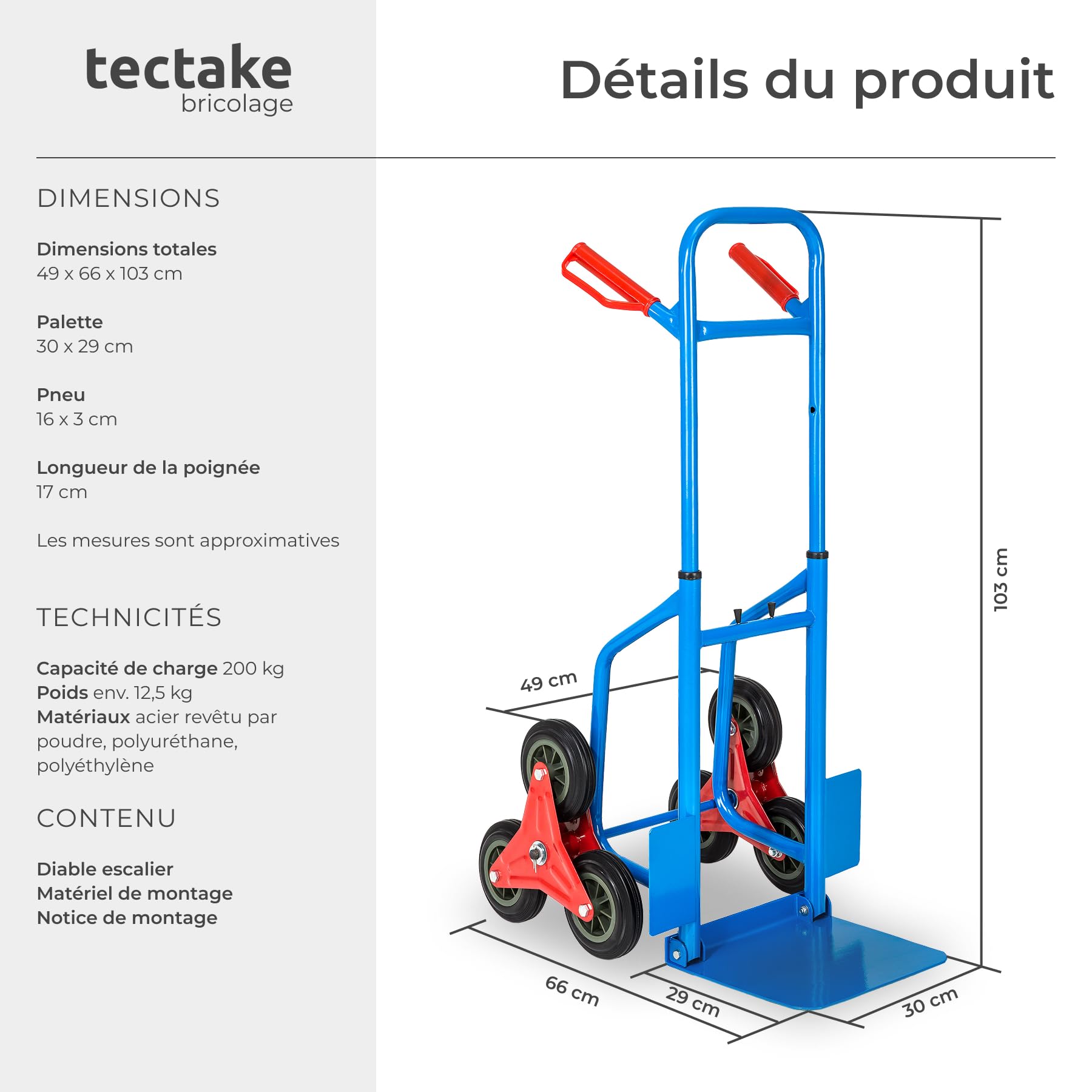 tectake® Diable demenagement Chariot de Transport avec Capacité de Chargement Max. 200 kg, 6 Roues, Diable escalier Kit déménagement, Transport Objets volumineux & Lourds Jardin Bricolage