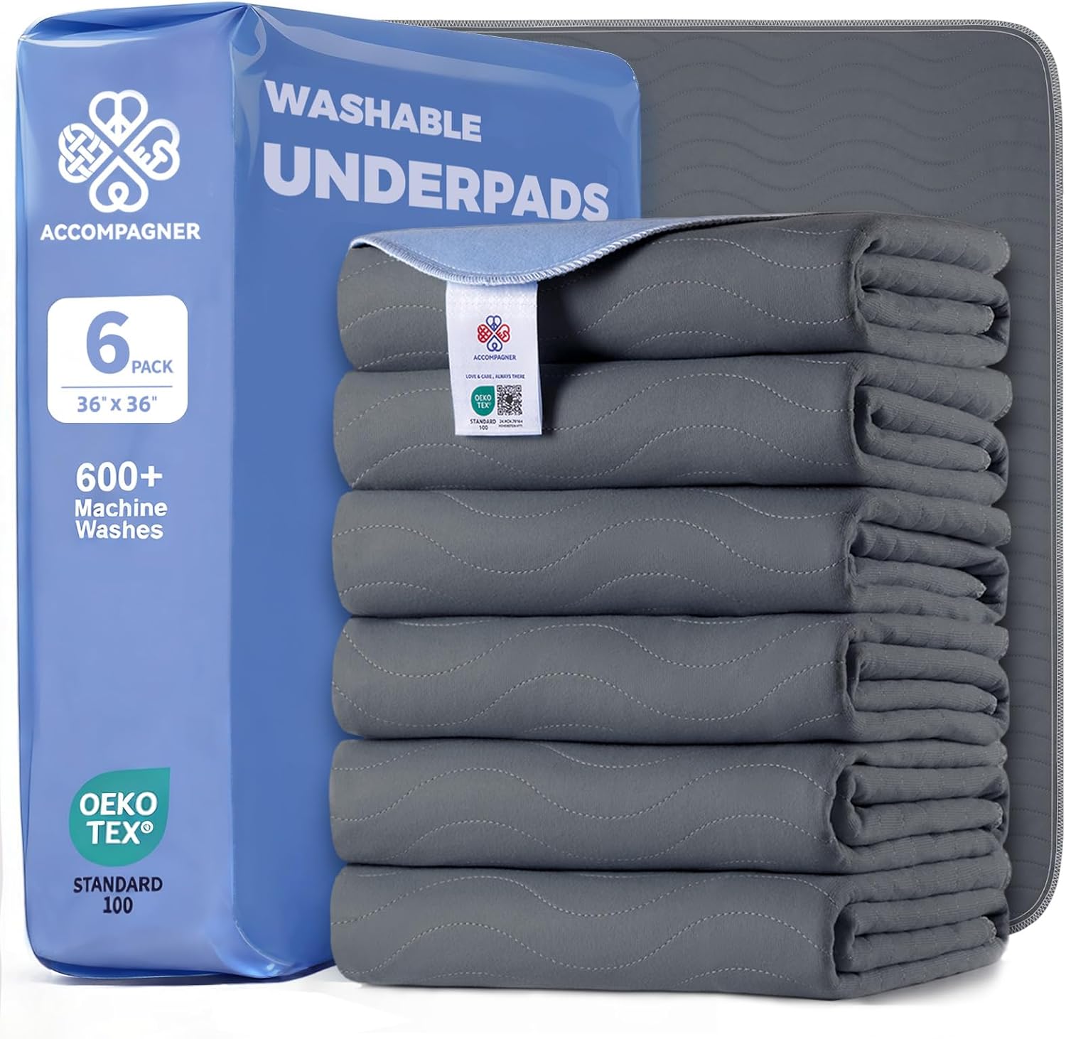 Accompagner Waterproof Reusable for Adults and Pets Washable Pee Pads for Dogs Changing Pad Large Dog Bed Size Adults Incontinence Bed Pads - Non-Slip Leak-Proof (Dark Gray, 36"x36"(Pack of 6))