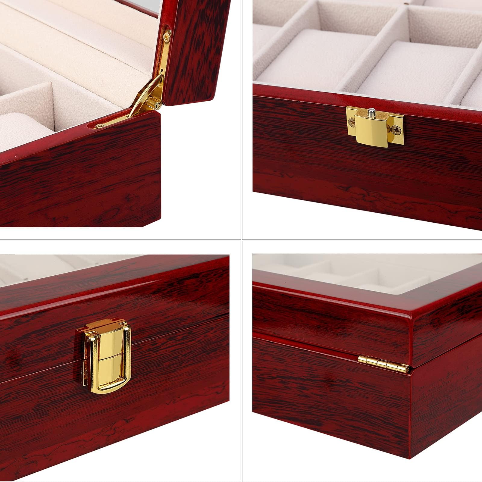 Uten Watch Box, 10 Slots Wooden Watch Case with Removable Watch Pillow, Metal Clasp Watch Display, Watch Box Organizer for Men and Women