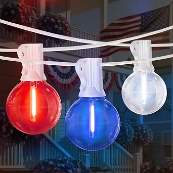 LAMPHOME 26Ft Outdoor String Lights, Red White Blue Patriotic Patio Lights with 12+1 Edison Bulbs, LED Shatterproof String Lights for Outside Bistro Christmas Patio Party Decorations