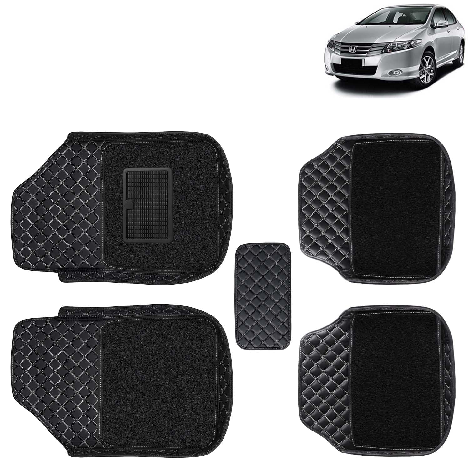 KINGSWAY Universal Fit 7D Car Mat Compatible with Honda City (Year 2009 to 2013 - All Model) | PU Leatherette Set of 5 Pcs Floor Mats | All Weather Foot Mats Car Accessories in Black Color