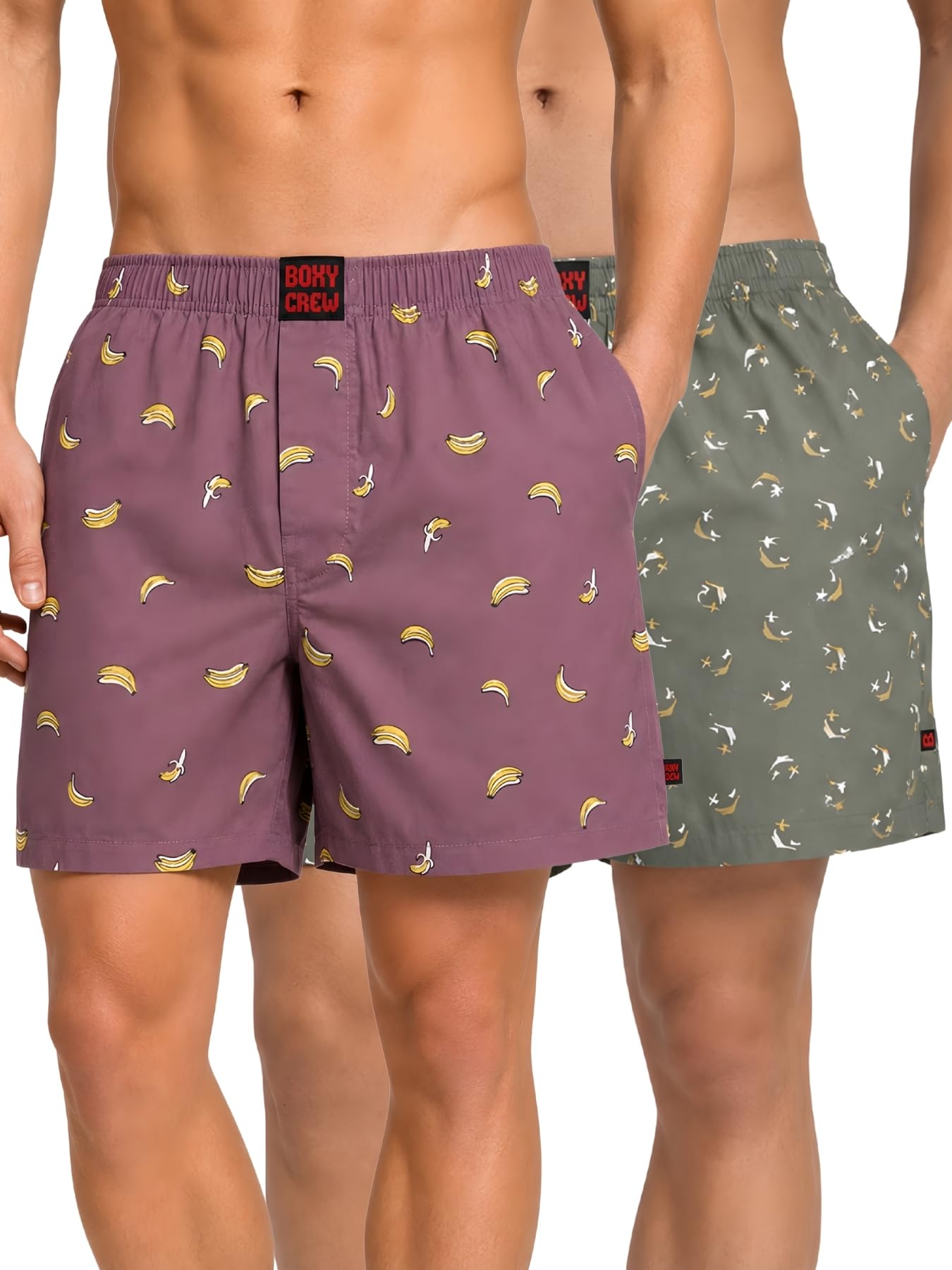 Men Boxer Shorts Pack of 2, 100% Cotton Woven Boxers, Rose Pink & Green, Printed Designs, Dual Side Pockets, No-Marks Inner Elastic Waistband, Relaxed Fit Lounge & Sleep Shorts-image-2