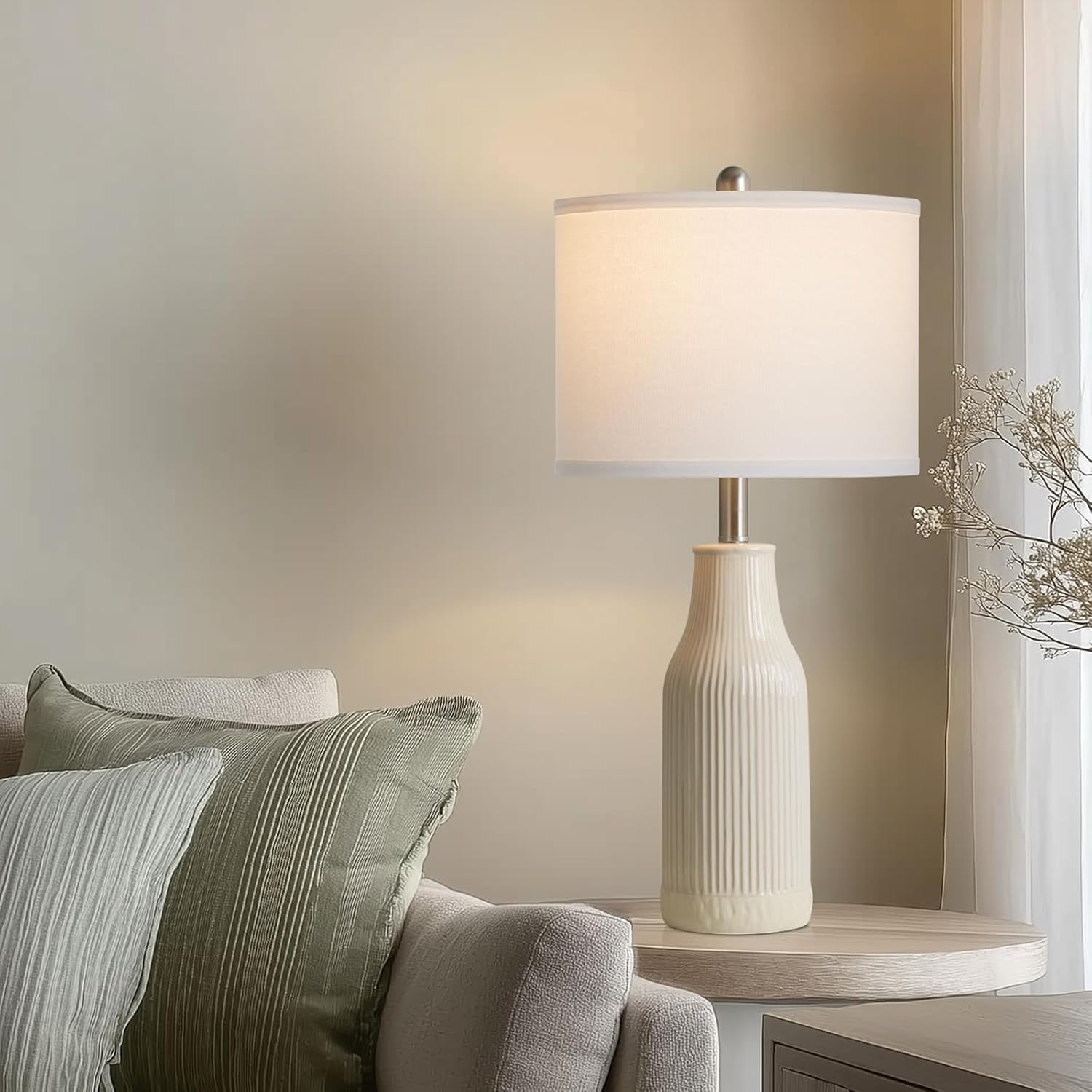 24.5" Ceramic Table Lamps Set of 2, Modern Farmhouse Bedside Lamps for Bedroom Nightstand, Small Table Lamp for Living Room End Table, Beige (2 LED Bulbs Included)