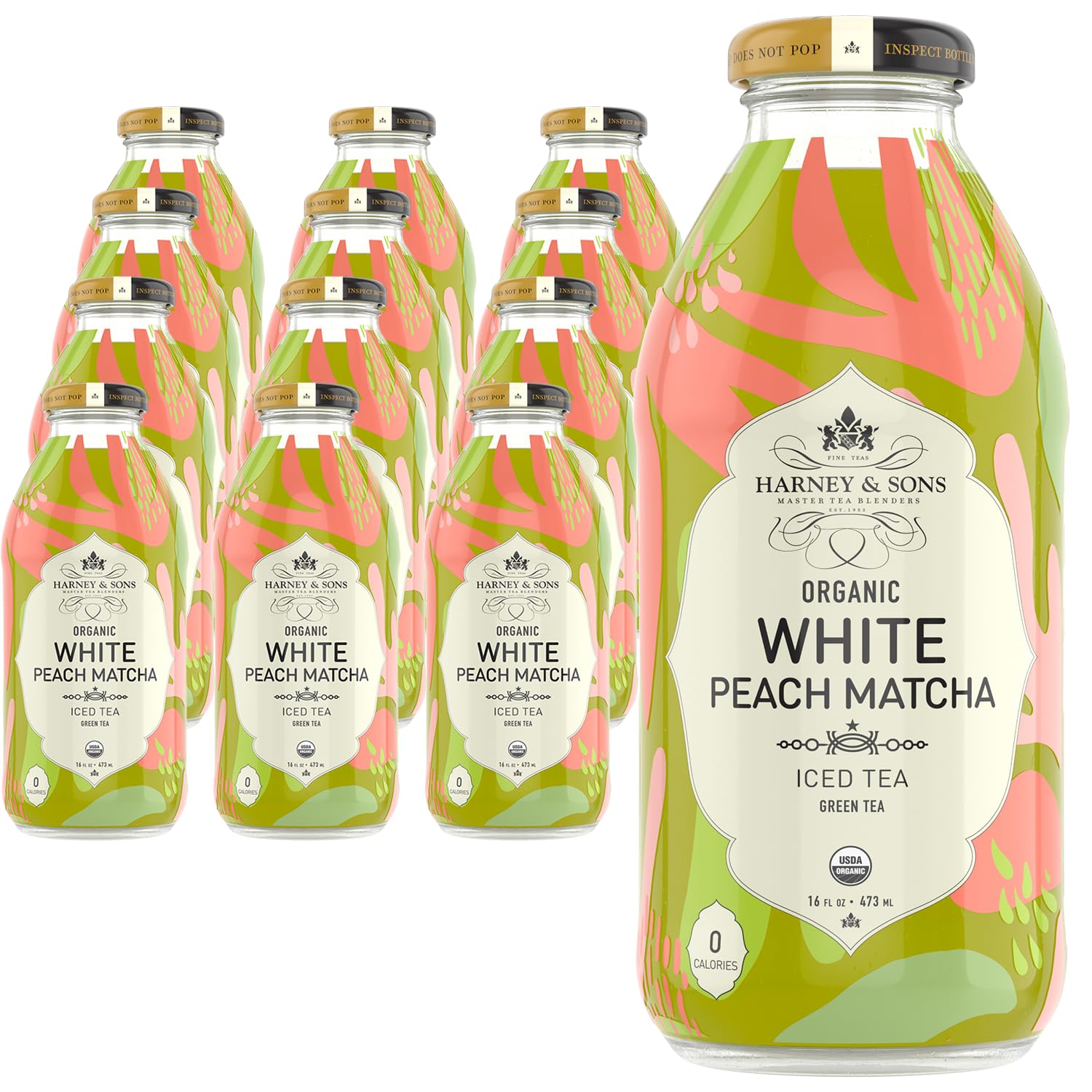 Harney & Sons White Peach Matcha Iced Tea, 16 fl oz Bottles (Pack of 12), Sugar-Free Brewed Green Tea with Matcha, Ready-to-Drink