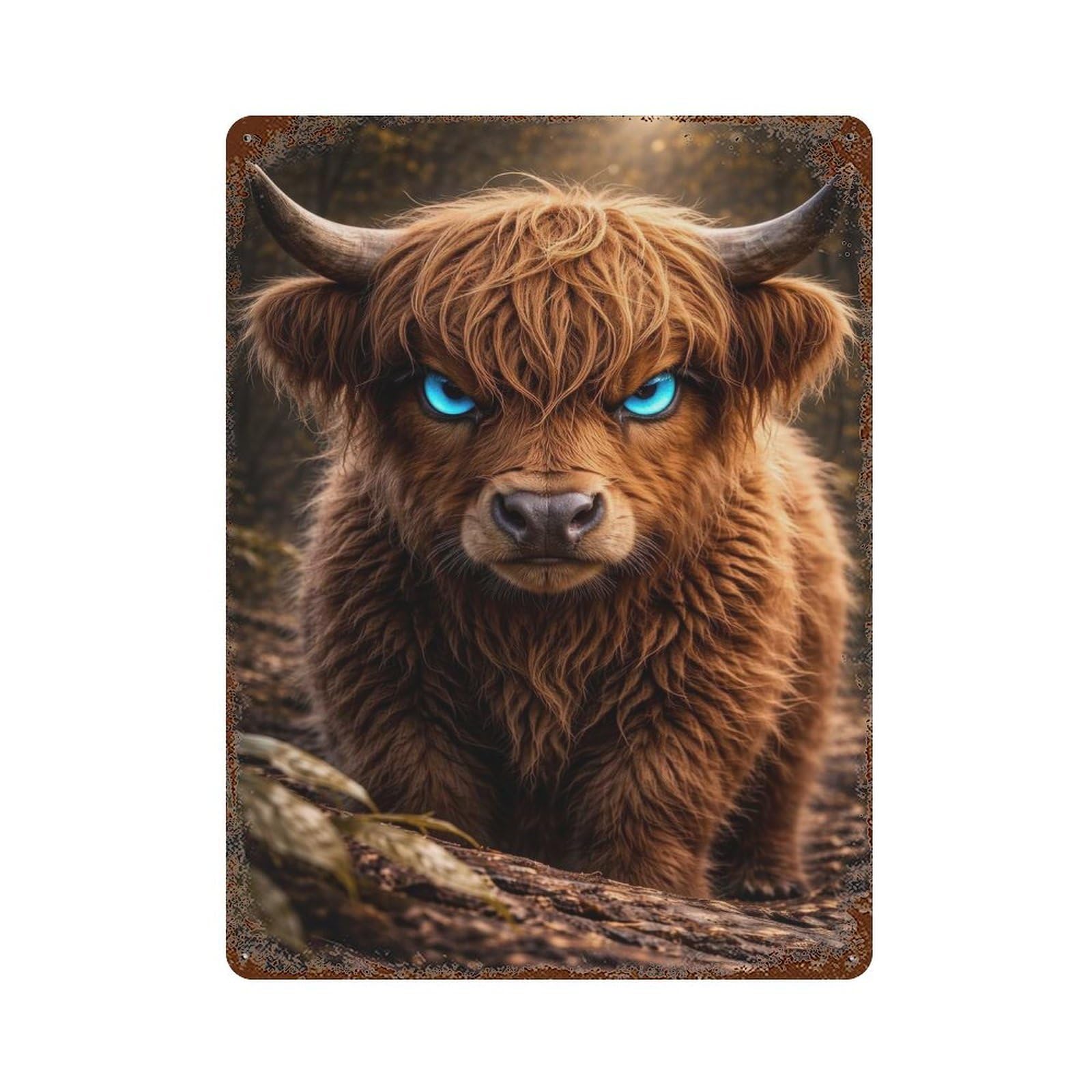 Garage Style Highland Cow with Glowing Blue Eyes Weathered Tin Sign 15.7"x11.8", Shabby Chic Decor for Bar And Workshop