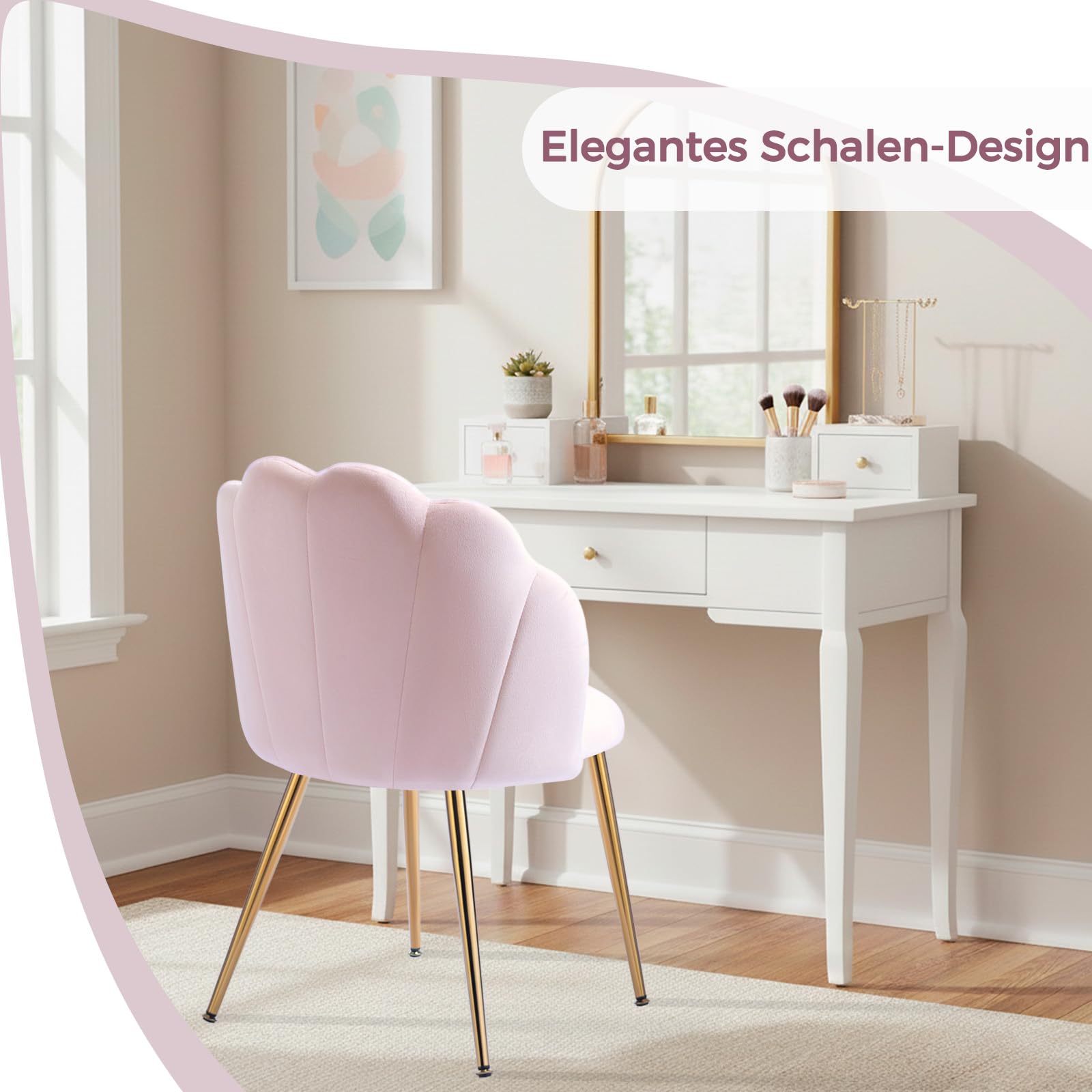 Schminkstuhl Rosa mit Goldbeinen – Schminktisch Stuhl Glamouröser Muschel Sessel | Vanity Chair Pink | Polsterstuhl für Schlafzimmer, Mädchenzimmer – Aesthetic Decor