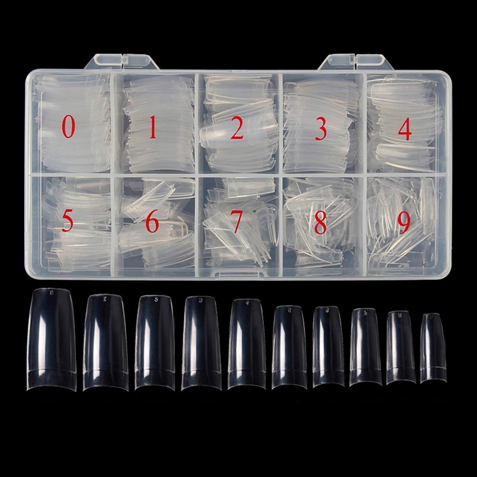 VodisaClear Nail Tips 500pcs French Acrylic Half Cover Fake Nails with Storage Case 10 Sizes Long False Nail for Lady Nail Salons and Home DIY Nail Art(French Half Cover)