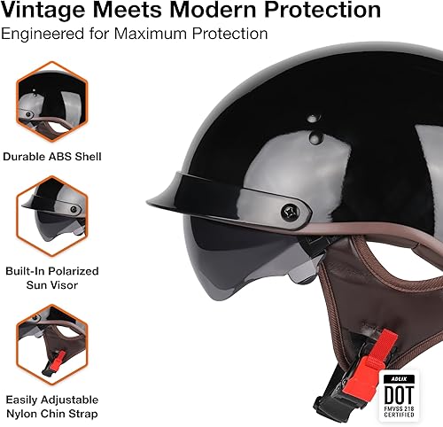 Miniatura 4 de Casco de motocicleta aprobado por DOT, medio casco ligero de cara abierta con visera abatible, estilo retro Cruiser para hombres y mujeres