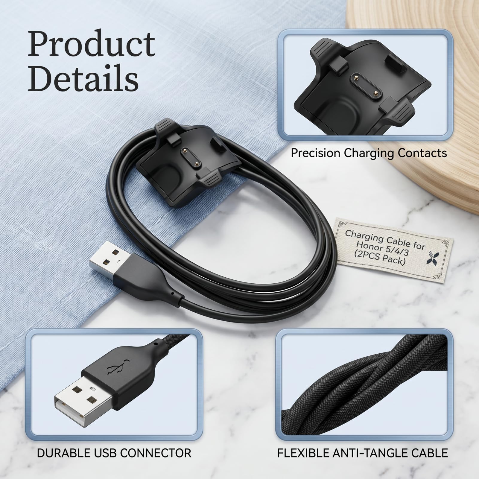 2 Stück Ladekabel Kompatibel mit Honor Band 5, 4, 3 und Huawei Band 4 Pro, 3 Pro, 2 Pro, Ladegerät Ersatz für Fitness Tracker, Tragbares Smartband Ladegerät mit Schutzchip und Kabel für Büro Reise