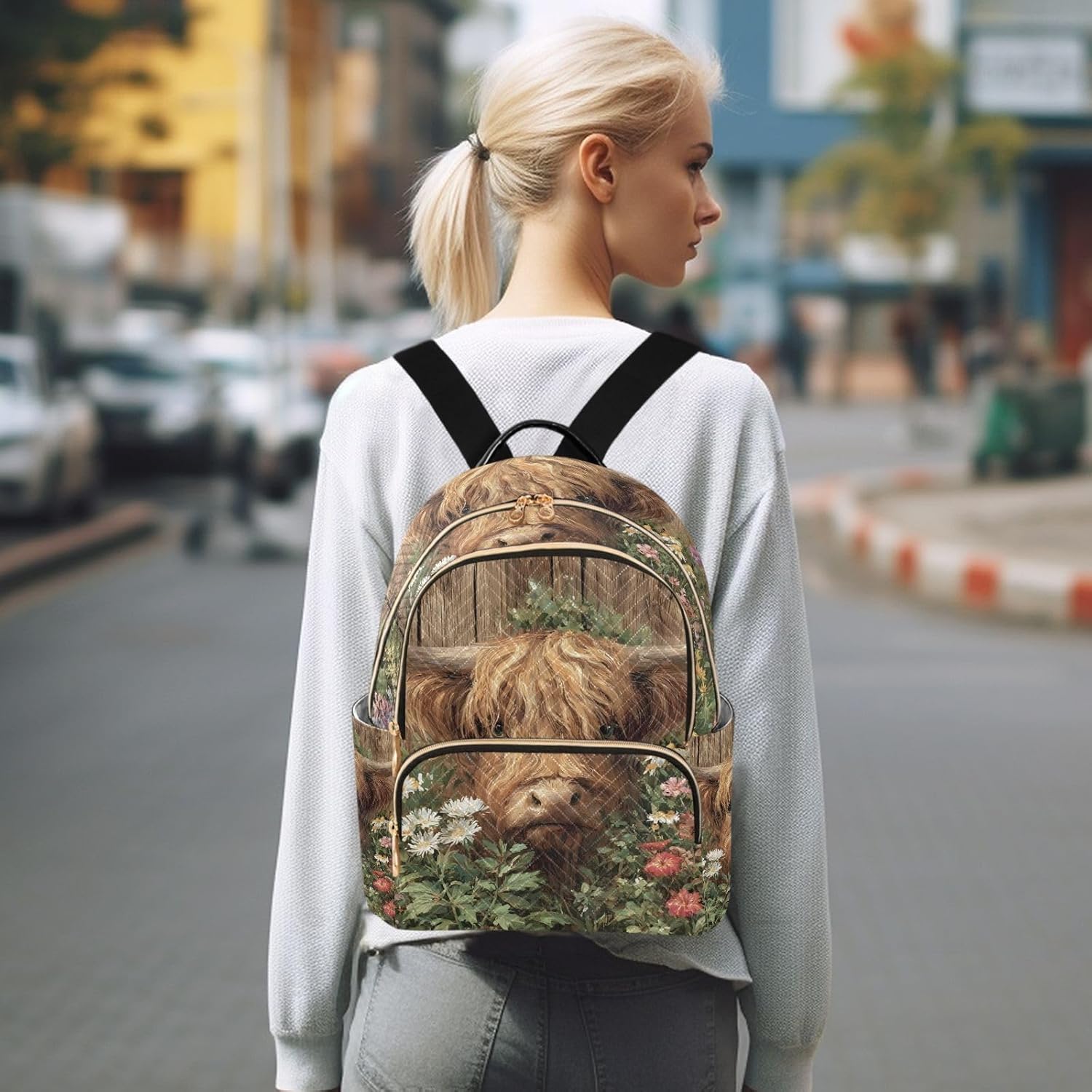 Quilted Fashion Backpack Purse Highland Cow Flower Board for Women – Mini Shoulder Backpack for Travel - Image 2