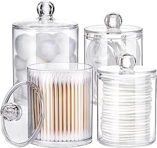 Tbestmax 4 Pack Qtip Holder - 12 oz, 10 oz Restroom Bathroom Organizers and Storage Containers, Clear Plastic Apothecary Jars with Lids for Cotton Ball, Cotton Swab, Cotton Round Pads, Floss