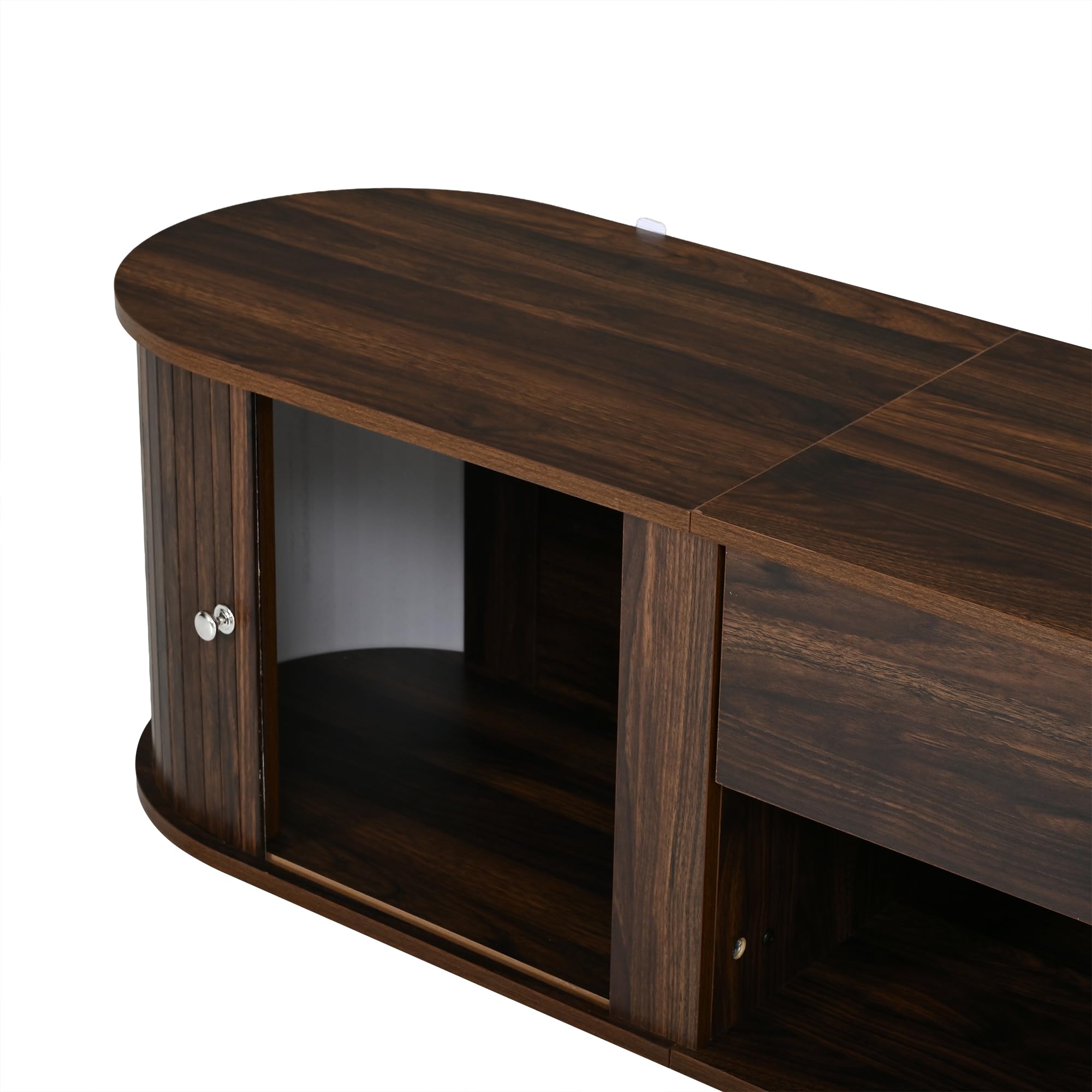 Mobile TV 180 x 40 x 40 cm con design rotondo, 2 ante a rullo, 1 cassetto, mobile TV per TV fino a 75 pollici, adatto per soggiorno e sala da pranzo, colore noce