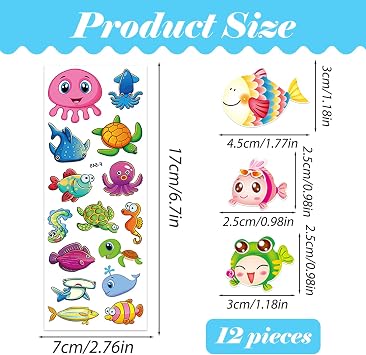 12 Sheets 3D Sea Animals Stickers for Children Puffy Fish Stickers