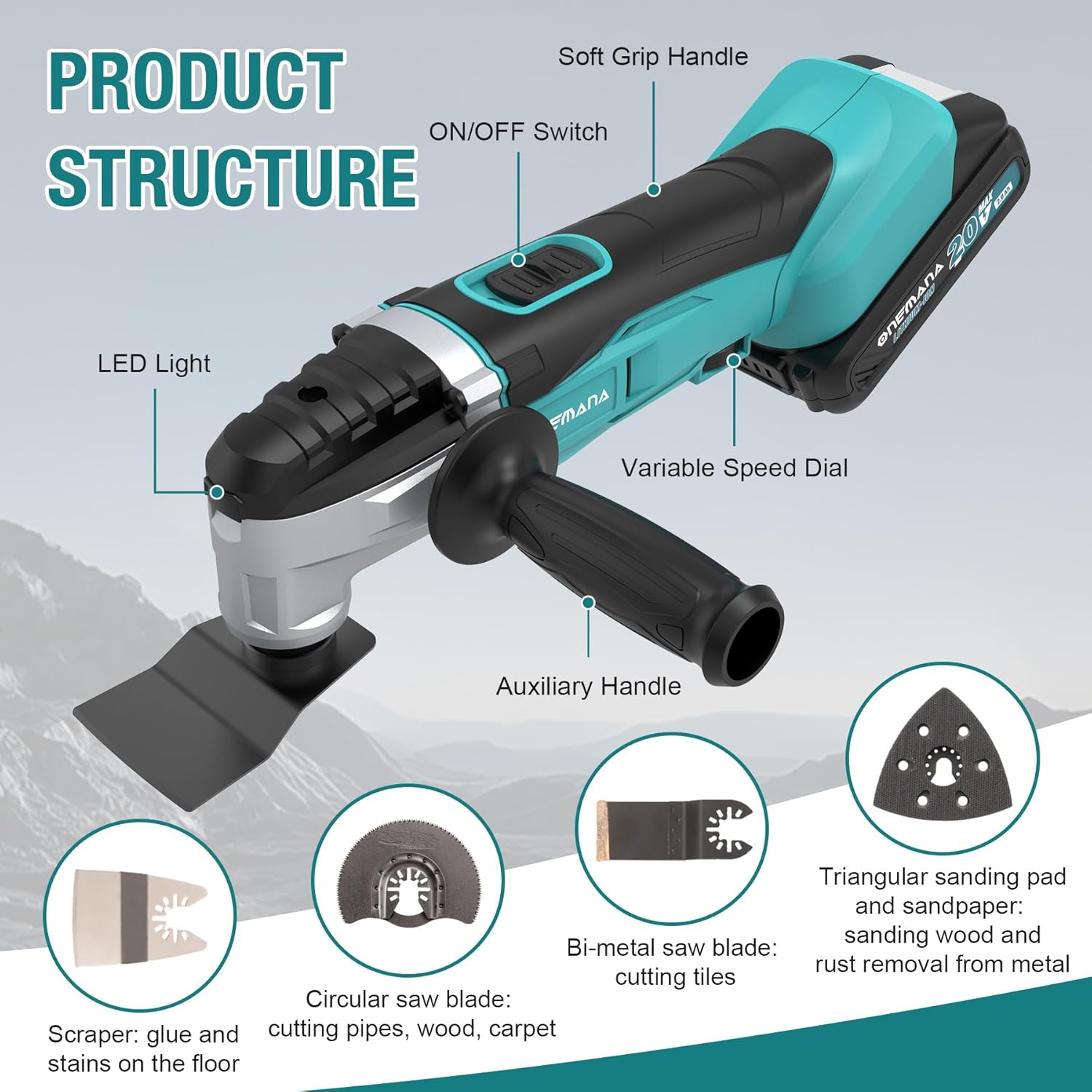 18V Oscillating MultiTool Cordless,18000RPM 6 Variable Speed Multi Tool for Cutting Wood Drywall Nails Remove Grout & Sanding(Tool Only) - Image 2