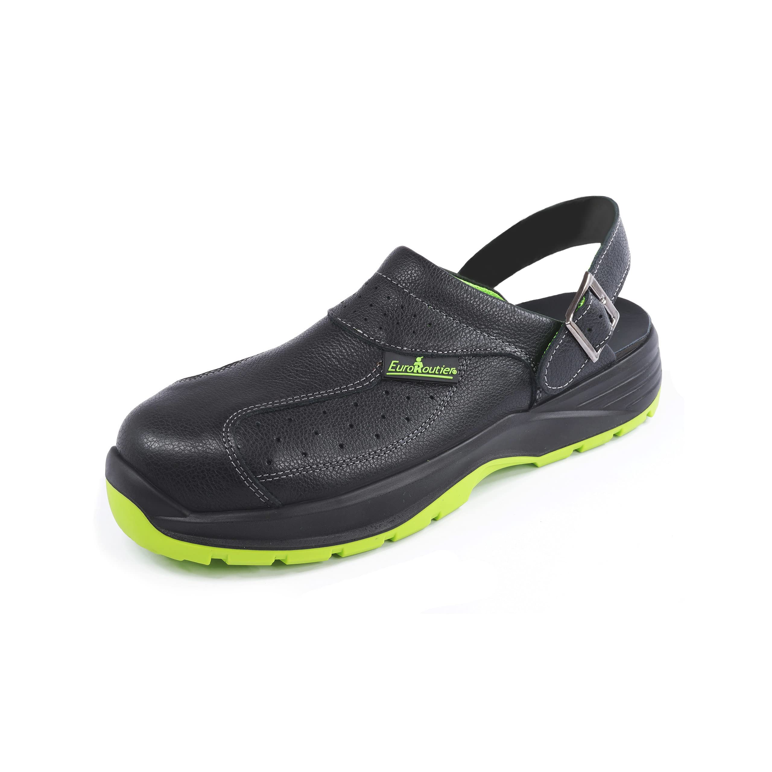 EuroRoutier Premium Fenix Black Cuir véritable Sabots Sandales de sécurité certifiées SB+A+E+FO+SRC