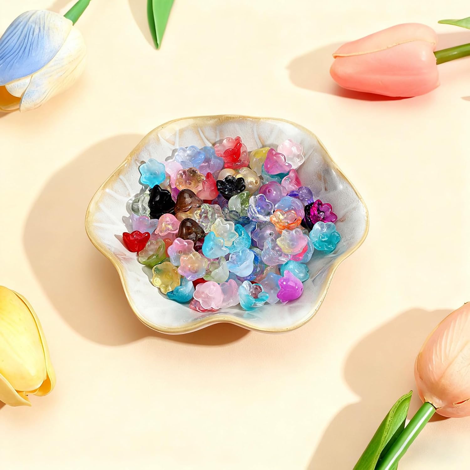 100 Pcs Glass Bellflower Beads for Jewelry Making, Cute Gradient Clear Floral Beads, Colorful Trumpet Flower Beaded Charms for DIY Necklace Earrings Bracelets Crafts Gifts - Image 6