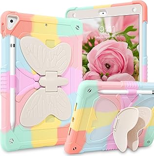 iPad 9.7 Inch Case,YINLAI iPad 6th 5th Generation Case,iPad Air 2 Case Kids Girls Butterfly Kickstand Shockproof Protective Cover with Pencil Holder for iPad Air 2/iPad 6th 5th,Colorful Pink