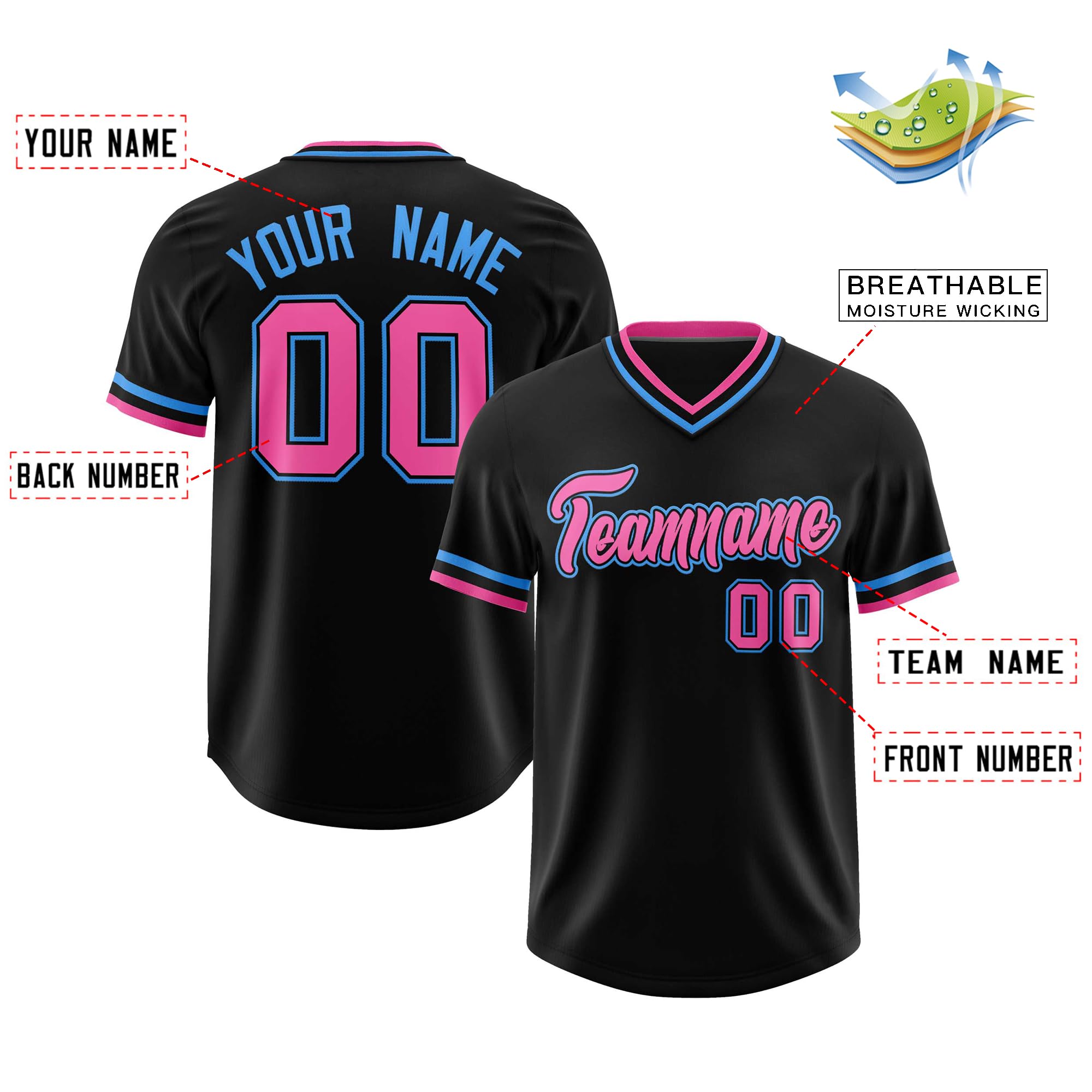 Generic Custom Baseball Jersey V-Neck Uniform Personalized Stitched Name Number for Men Women Youth Pullover Baseball Shirt, Black/Pink-light Blue