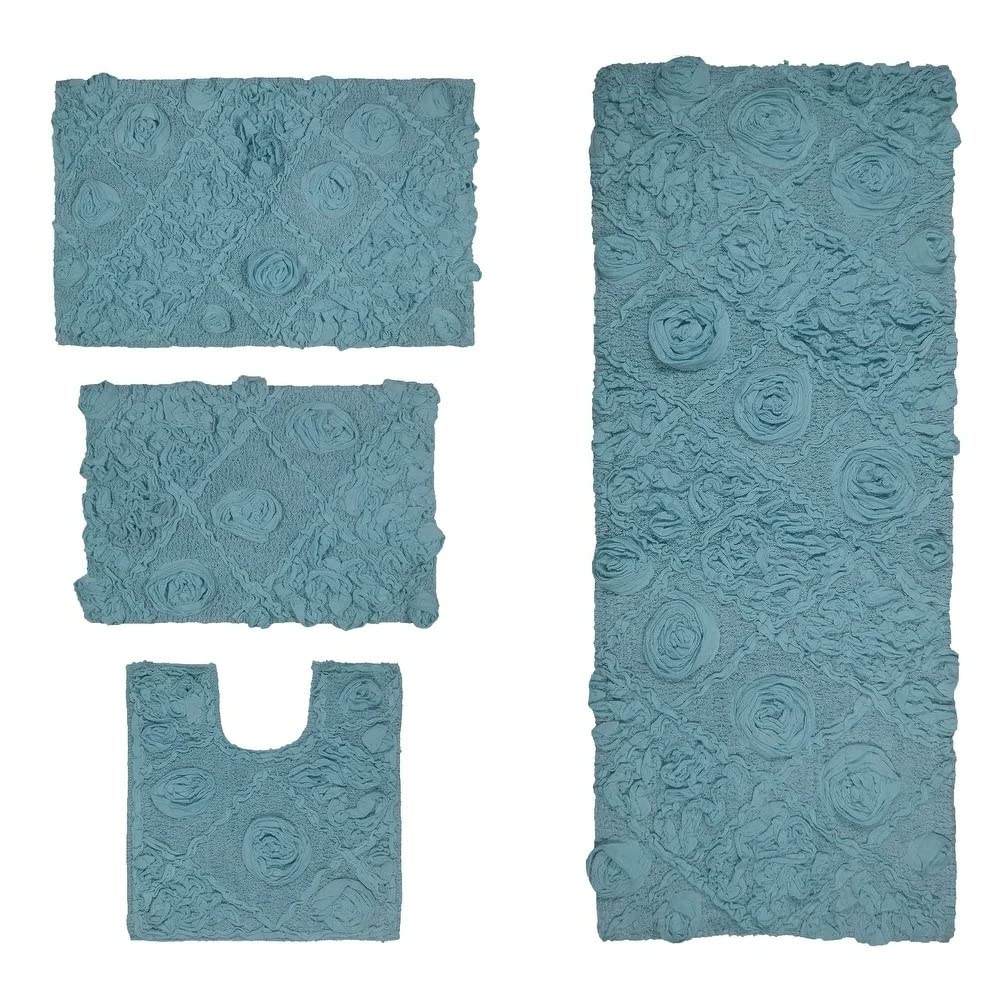 Functional Durable Sky Blue Cotton Bathroom Rugs Sets 4 Piece with Pretty Floral Tufted Pattern On Solid Background