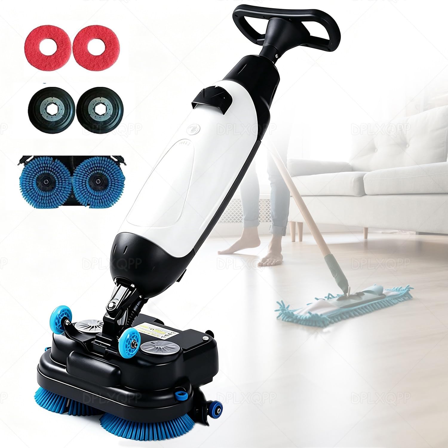 Doppelbürsten-Scheuersaugmaschine (43 cm),4,5 L Frischwasser-/7,5 L Abwassertank,Elektrischer Bodenreiniger Mit 360°-Drehkopf,Selbstfahrende Reinigungsmaschine Für Hotels,Supermärkte White