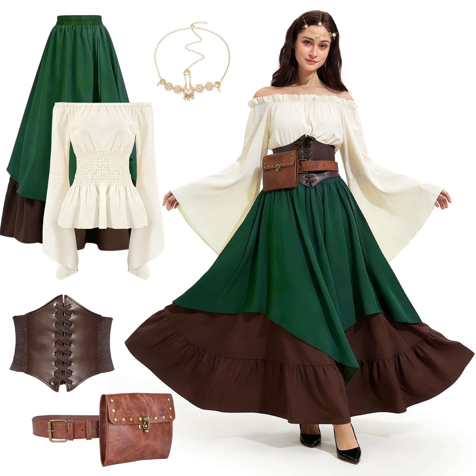 Disfraz Medieval Mujer, Vestido Medieval Mujer Conjunto de Disfraz Vikinga Adult con Corsé, Riñonera y Cinturón, Traje Victoriano para Carnaval Halloween