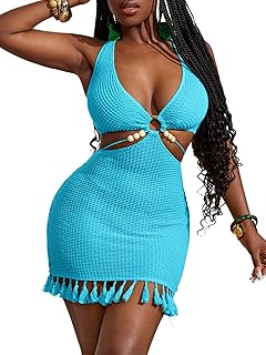 Women's Summer Knitted V Neck Tassel Cut Out Bodycon Mini Dress Halter Tie Back Crochet Beach Dresses - Buy now