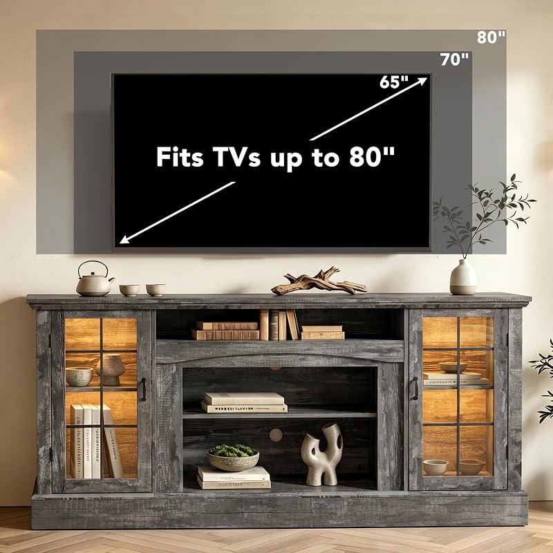 MXV 70" Farmhouse TV Stand for 80 Inch TV, Entertainment Center with Storage Cabinets, Media Console Table for Living Room, Bedroom, Grey image 5
