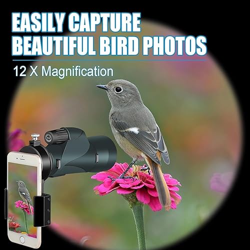 Miniatura 5 de Telescopio monocular monocular monocular de alta potencia de 12 x 55 para adultos con adaptador de teléfono inteligente, lente FMC y prisma BAK4,