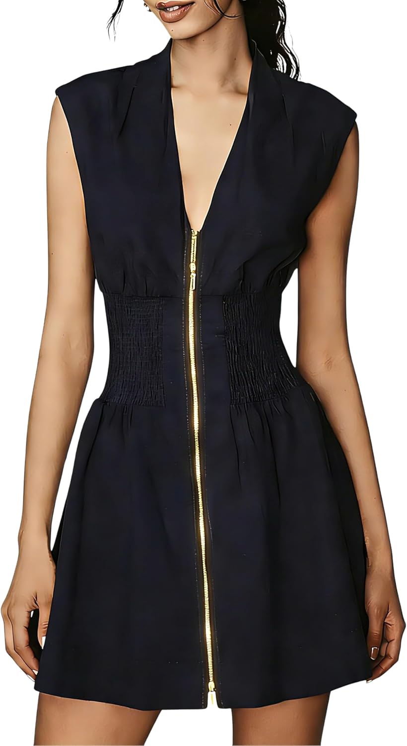 Women’s V Neck Summer Dress Cap Sleeve Zipper Mini Dress Smocked Slit Dress with Pockets