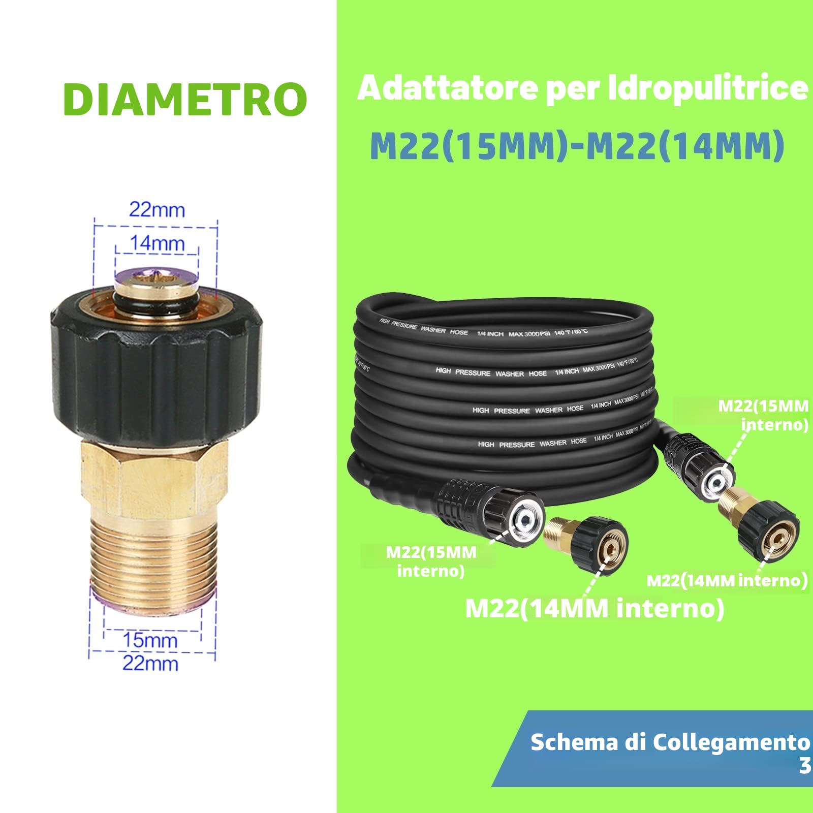 Set adattatore per lavatrici a pressione 8-Pack, kit di raccordi per tubi flessibili di scollegamento rapido, filettatura femmina metrica M22-14mm a raccordo maschio, accoppiatore rapido in ottone