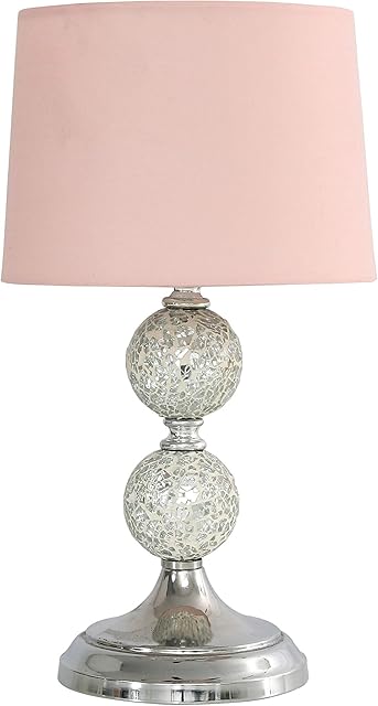 Modern Decorative Chrome & Mosaic Crackle Glass Table Lamp with a Pink Shade