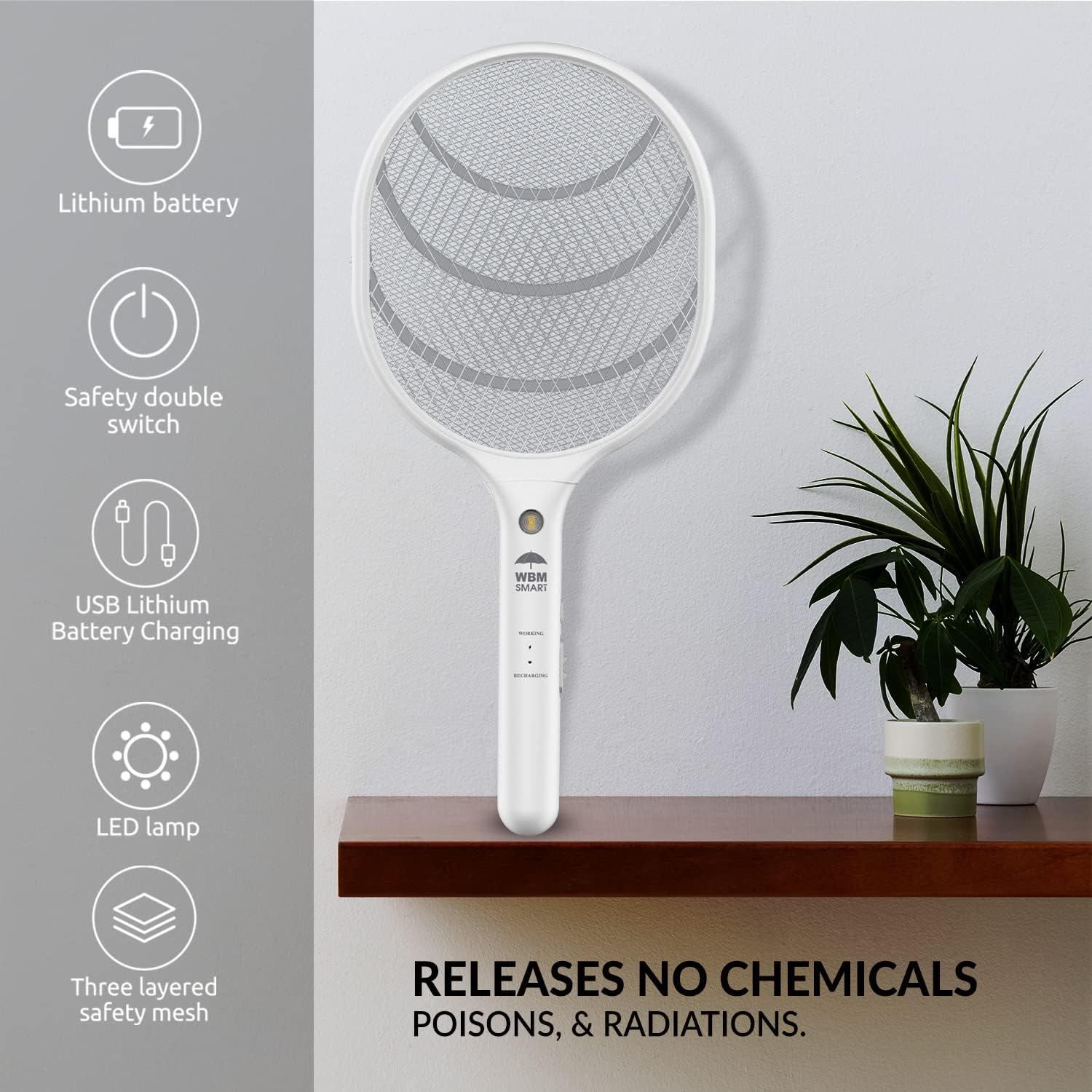 WBM Smart Electric Fly Swatter Racket, Rechargeable Bug Zapper, Medium-2PK, (6405E-2PCS)