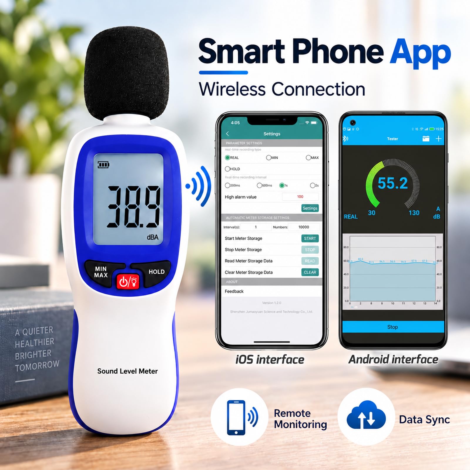 Decibel Meter Bluetooth, Portable Sound Level Meter with Data Logging, Can Fit with Smartphone App Recording, 30 to 130dBA Noise Decibel Meter SPL Meter w/Data Hold MAX MIN Alarm Backlit LCD Display — Amazon image 4