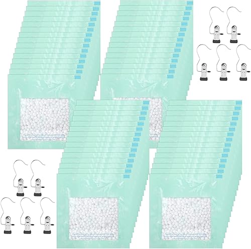 Paquete de 60 bolsas deshumidificadoras absorbentes de humedad para armario con 10 ganchos para colgar, clips absorbentes de humedad, desodorante