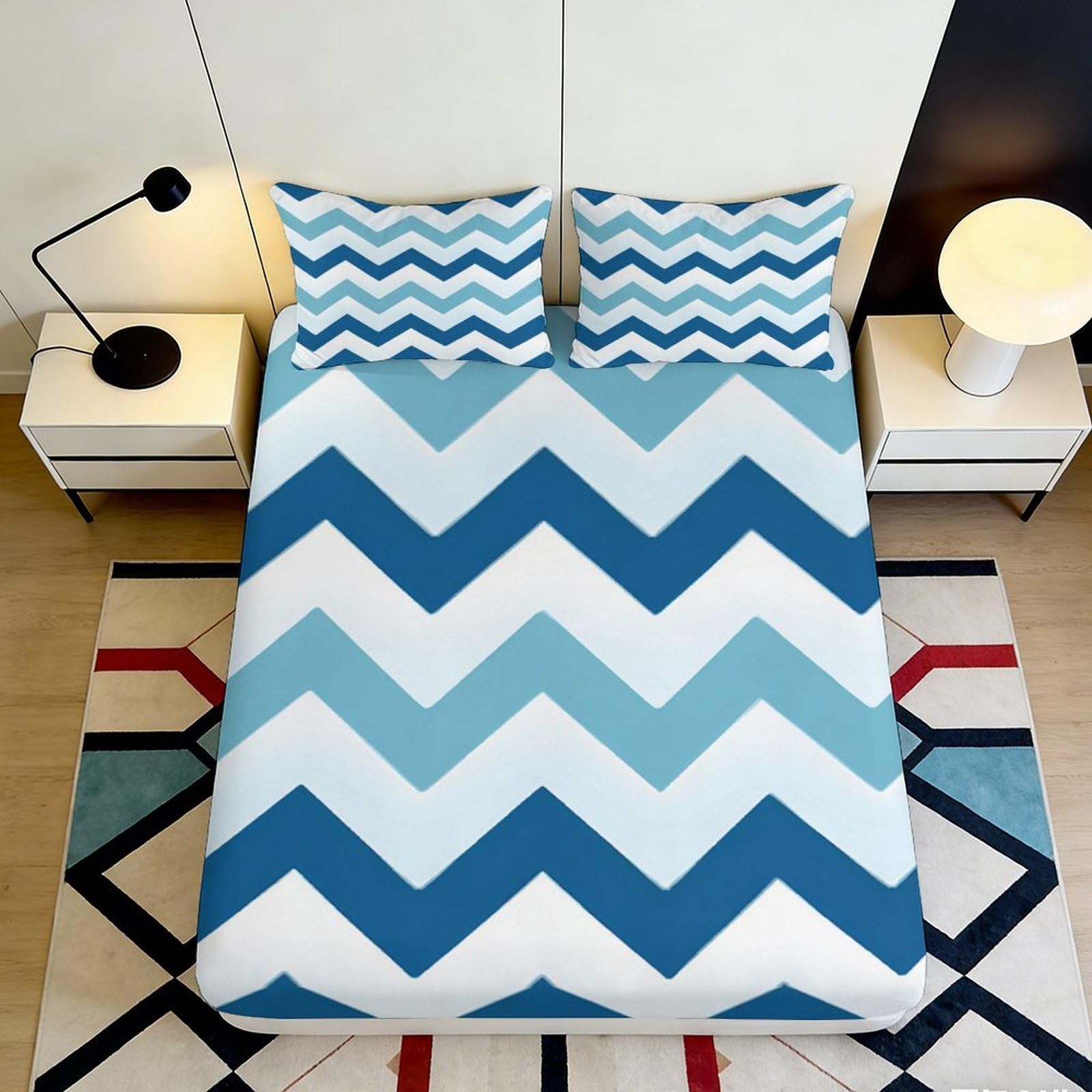 3D Printed Blue Chevron Fitted Sheet Microfiber Soft Breathable Zigzag Bed Cover for Bedroom Guest Room Easy Care 90x200x25cm