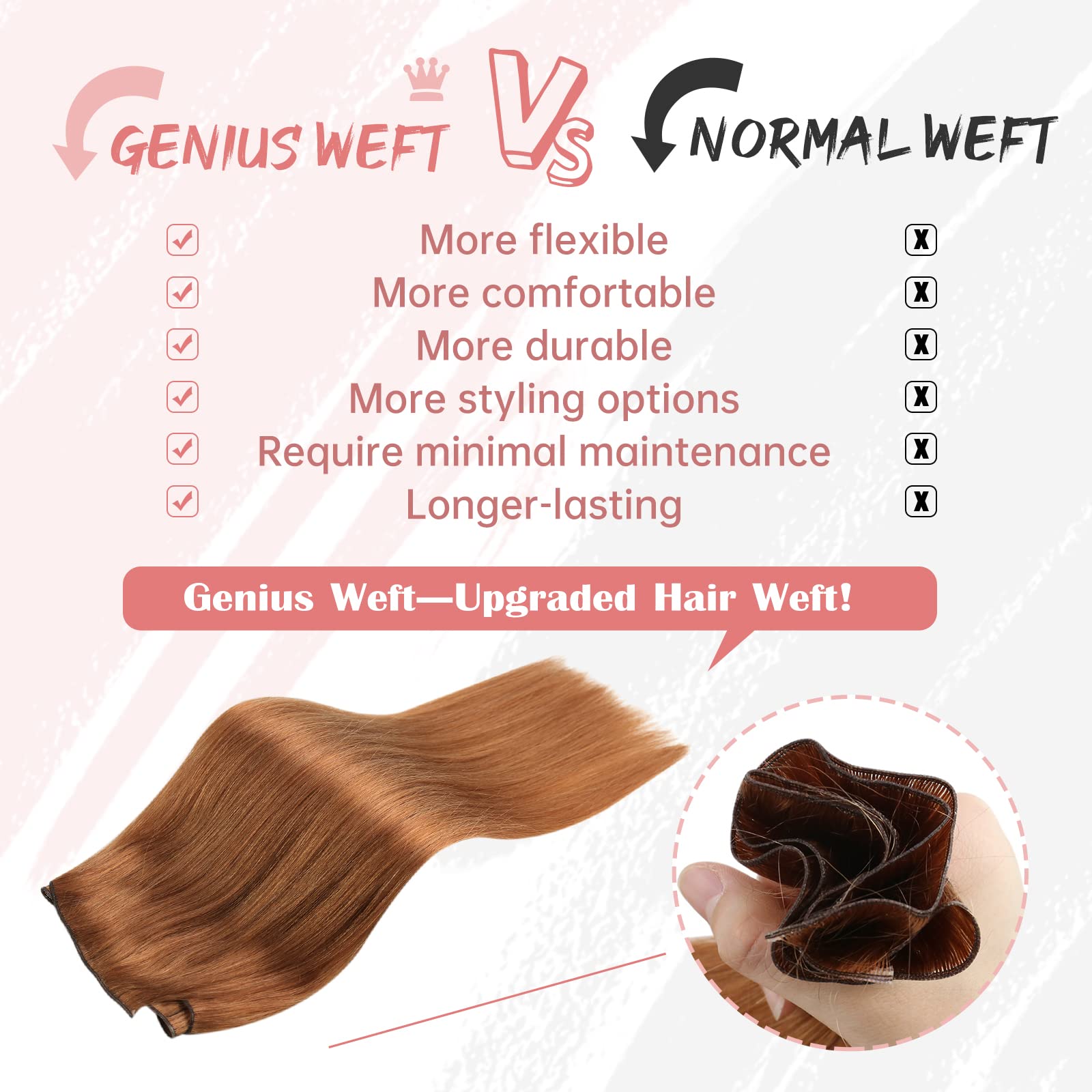Fshine Tessitura Extension Genius Weft Rosso Marrone 40cm 50g Extension Matassa Sottili Aggiornato Remy Naturale Capelli Veri per Donne Human Hair