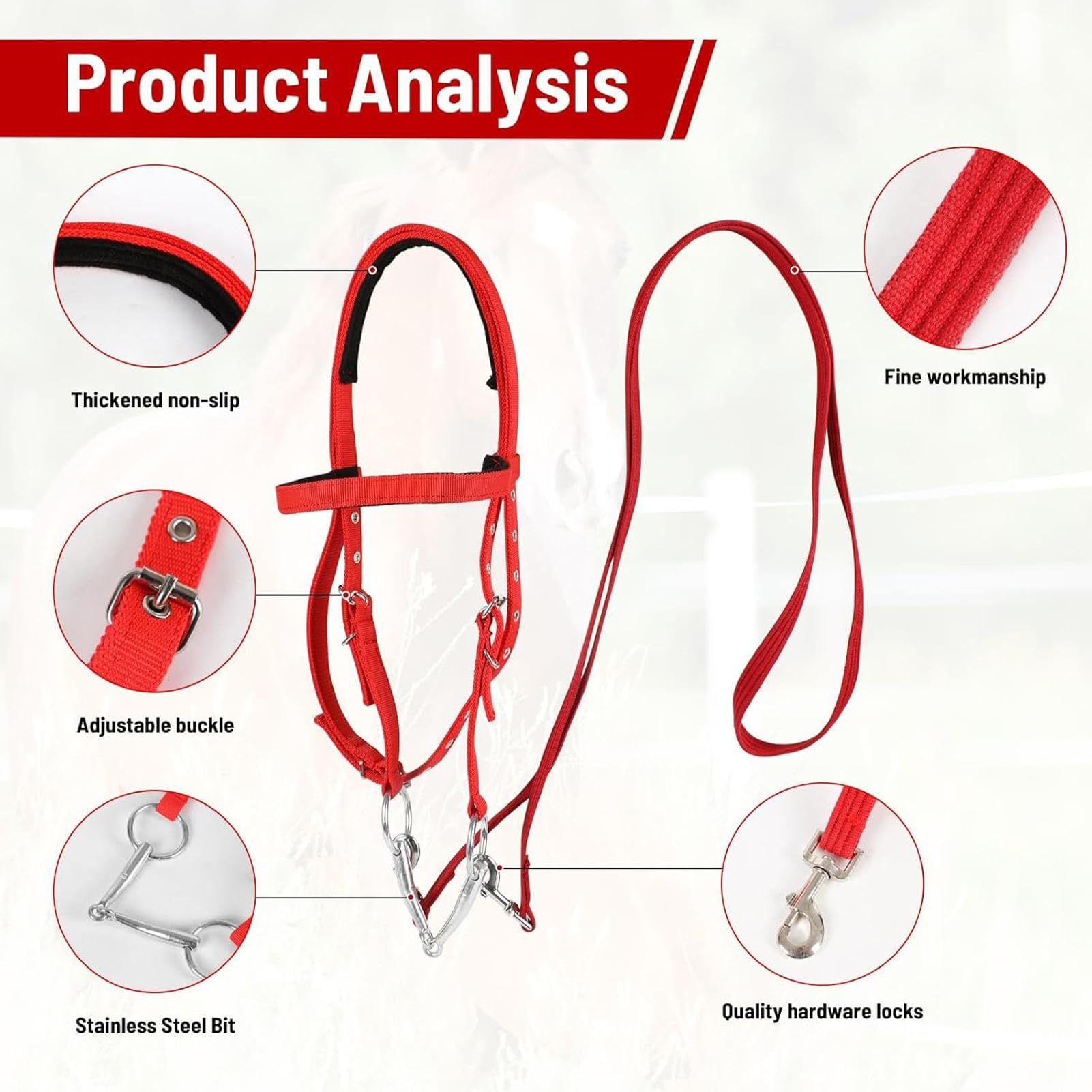 Rein para caballos, cabezal para caballos - Horse Bridle Tracked Rope Headstall ajustable - Cordera del rancho del arnés, brida de rein animal de seguridad para conducción estable, suministros equinos