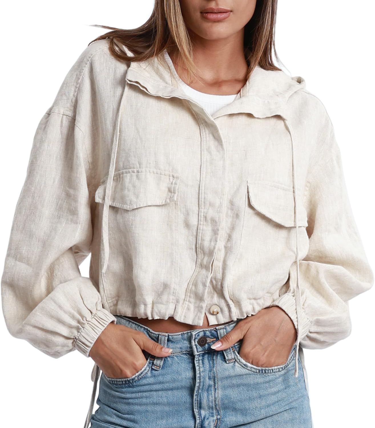 Amazhiyu Women's Pure Linen Button Front Long Sleeve Drawstring Hooded Jacket Coat