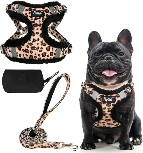 PUPTECK No Pull Dog Harness and Leash Set Reflective No Choke Step in Puppy Halter for XS Small and Medium Sized Dogs, Brown Leopard Print, Plush, M