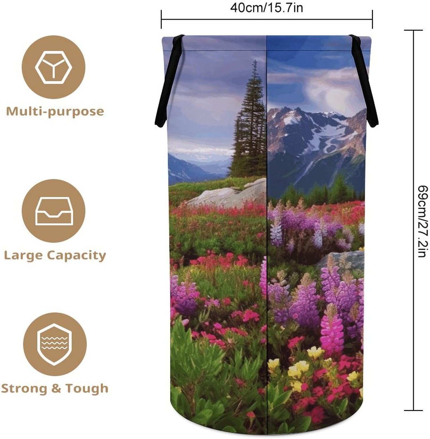 Large Laundry Hamper with Handles Beautiful Flowers Mountain Laundry Basket Freestanding Waterproof Clothes Hamper for Living Room Bedroom Bathroom College Dorm