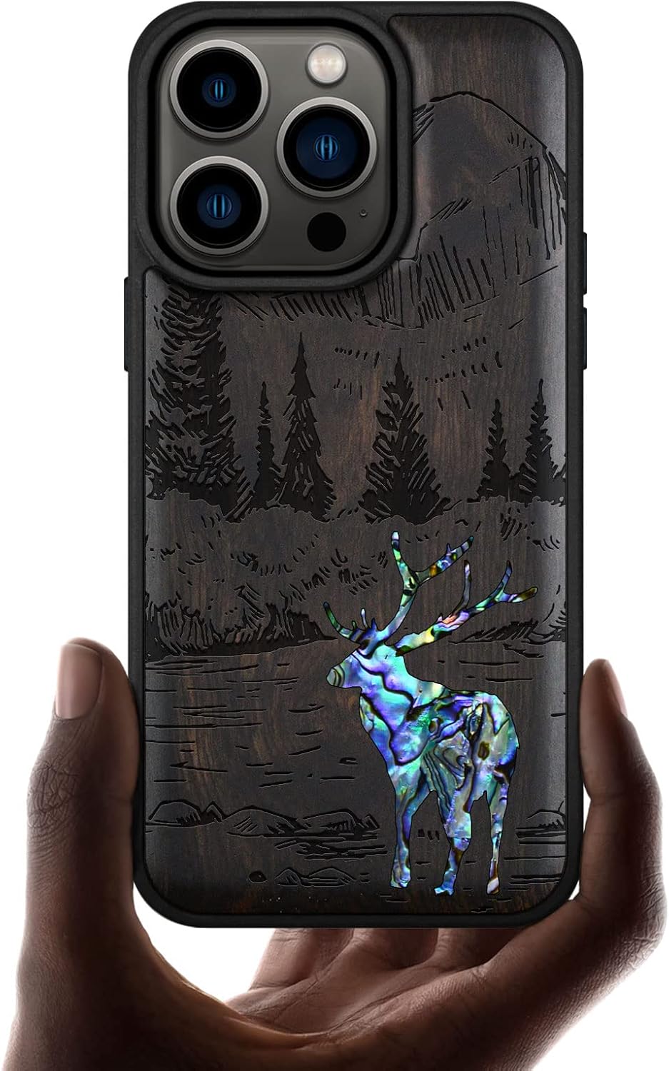 Carveit Designer Wooden Protective Magnetic Case for iPhone 14 Pro Case [Wood Engraving & Shell Inlay] Compatible with 14 Pro MagSafe (Forest Deer-Blackwood)