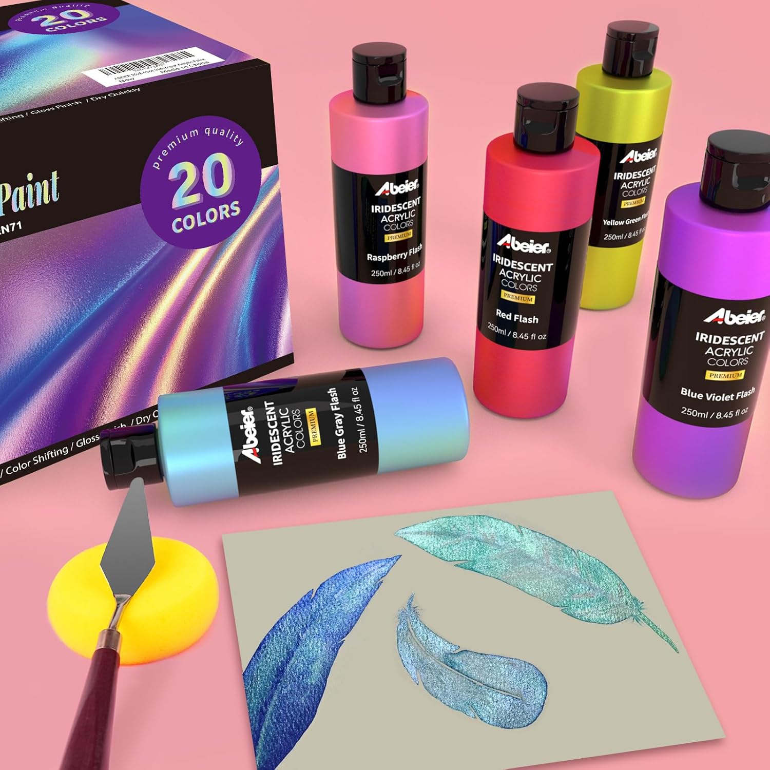 ABEIER Iridescent Acrylic Paint, Set of 20 Chameleon Colors, 8.45 oz/250ml Large Bulk Bottles, Color-shifting, Non-Toxic, High Viscosity, Blendable, Paints on Rocks Crafts Canvas Wood, Fabric, Ceramic & Stone