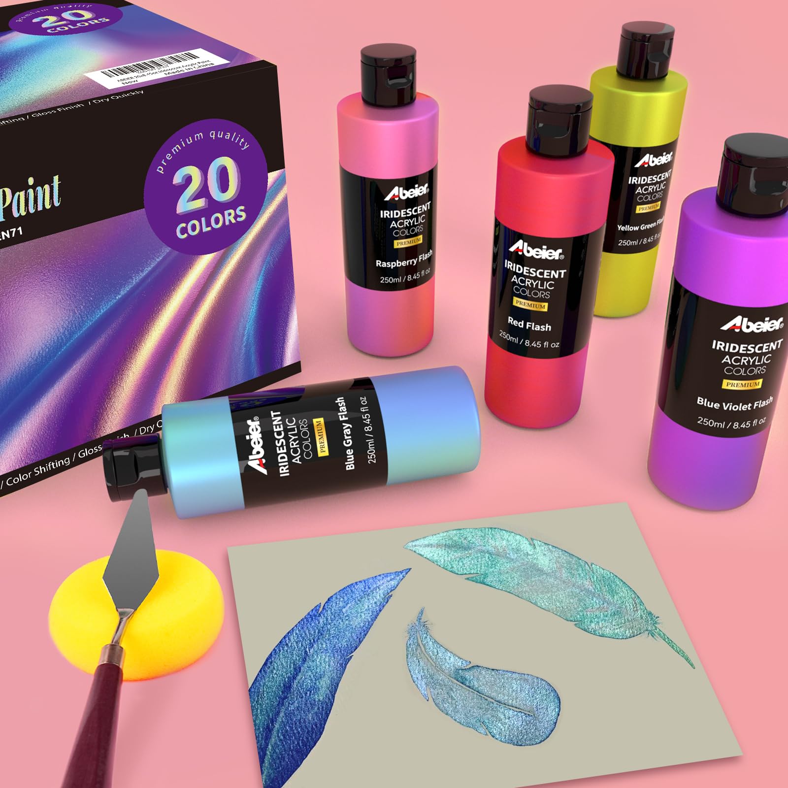 ABEIER Schillernde Acrylfarben Set, 20 Chamäleon Farben (250 ml), Farbwechsel, ungiftig, hochviskos, reichhaltige Pigmente, mischbar, Farben auf Felsen,Leinwand, Holz, Stoff, Keramik und Stein