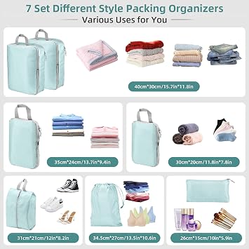 Compression Packing Cubes, Travel Storage Bag Set - Organizer Bags for Suitcase & Carry On Luggage (Blue, 7 Pieces)