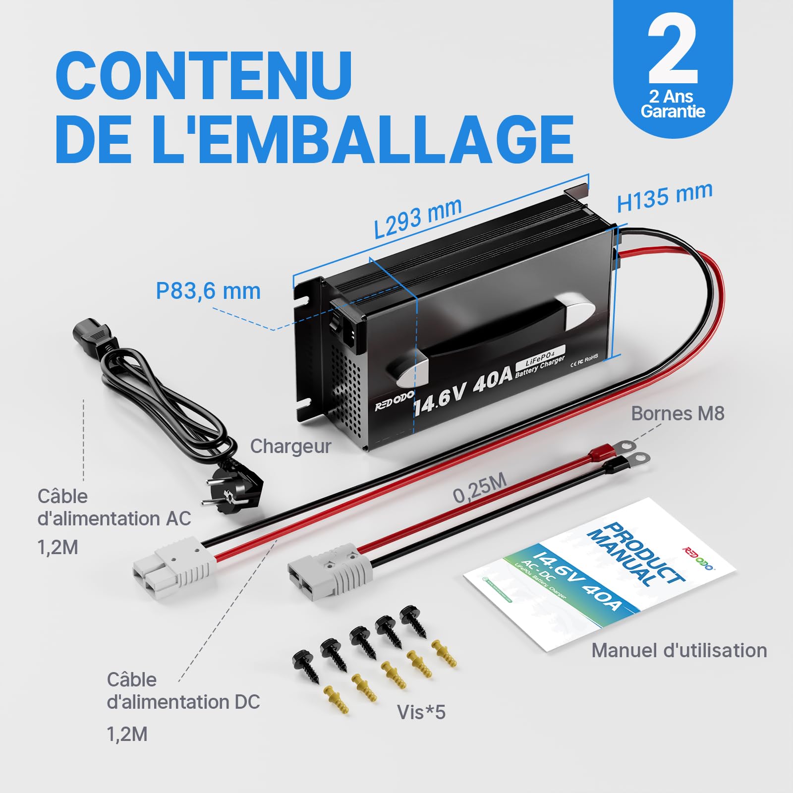 Redodo 14,6V 40A Batterie LiFePO4 Chargeur, Chargeur Dédié pour Batteries Lithium, Poignée Améliorée, Conception Compacte et Durable avec Protection Complète, Idéal pour 12V Batteries LiFePO4