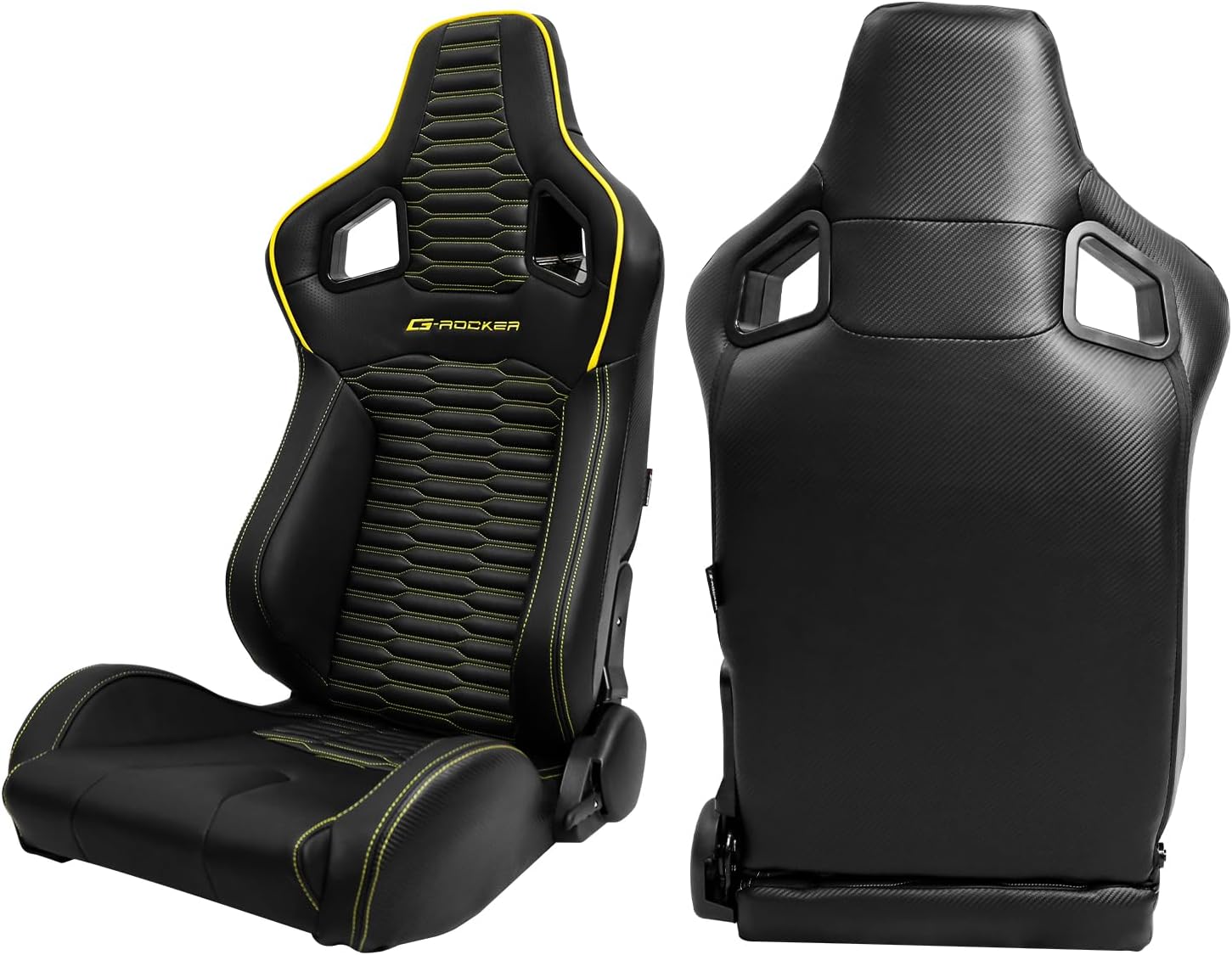 FREEMOTOR802 Racing Seats with Dual Lock Sliders, Universal For Most Cars Vehicles 1st Row, Reclinable Sport Bucket Seats 1 Pair, PU Carbon Leather, Black with Yellow Stitching