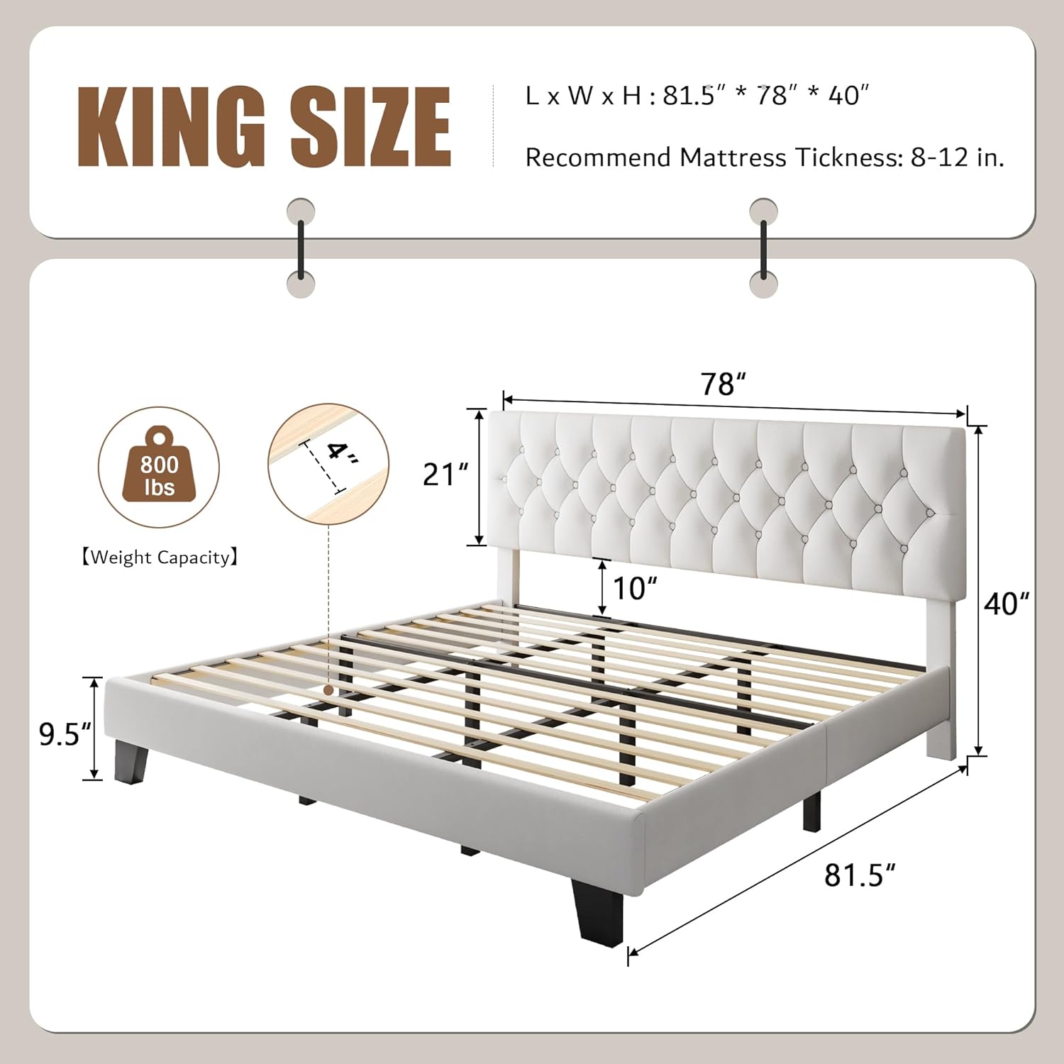 iPormis Upholstered King Size Bed Frame with Button Tufted Headboard, Velvet Platform Bed with Thickened Support Legs, Noise-Free/No Box Spring Needed/Easy Assembly, White